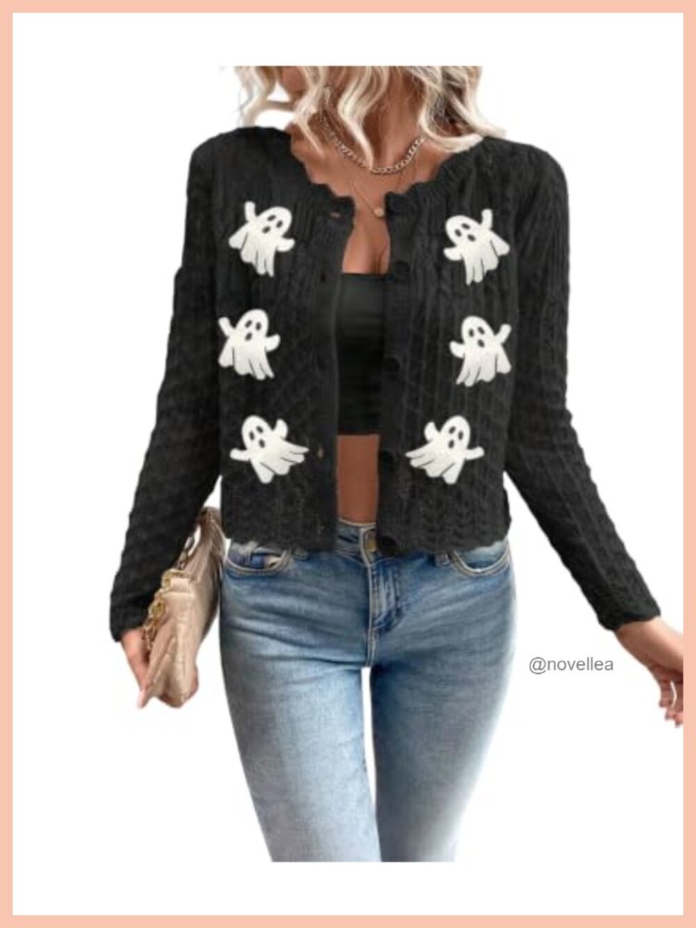Women's Hollow Out Knit Cropped Cardigan Sweater Scalloped Crewneck Button Front
